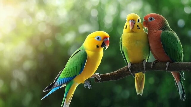 Two vibrant parrots sit on a branch, while a third colorful bird takes to the skies in a serene natural setting filled with greenery