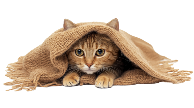 Studio photo of a cute cat hiding under a soft blanket on the floor, isolated against a white background  png