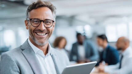 Smiling man in formal attire holds a tablet in a modern office setting. Behind him, colleagues engage in a discussion, creating a collaborative vibe during work hours.