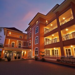 Warmly lit modern hotel building exterior at dusk with balconies and windows