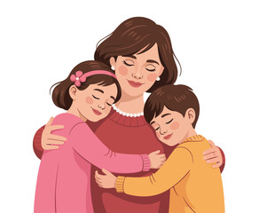  Group Hug of Three Family Members — Warm Illustrated Scene Depicting Love, Support, and Emotional Bond Between Parent and Children