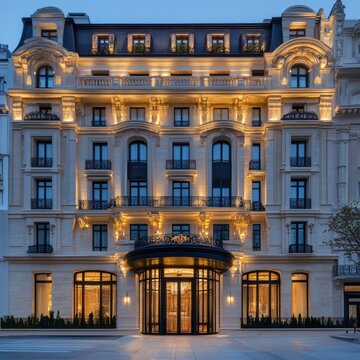 Elegant parisian hotel facade illuminated at dusk showcasing grand architecture and entrance