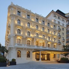 Obraz premium Elegant historic hotel building with illuminated facade and grand entrance at dusk