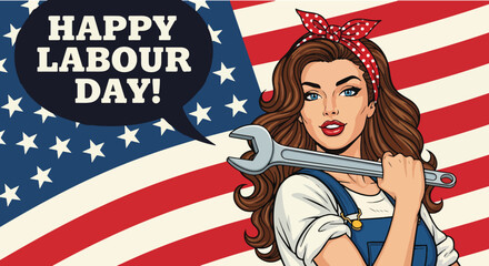 Adobe Illustrator Artwork Happy Labor Day! A classic Rosie the Riveter style illustration of a strong female worker on a patriotic American flag background