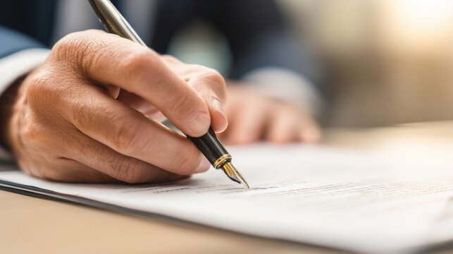 A hand is seen holding a pen over a document on a desk in a bright office setting. The individual appears focused and engaged in completing paperwork, showcasing professionalism.