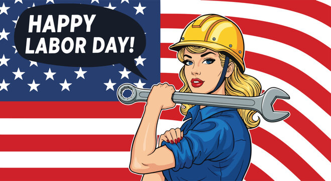 Adobe Illustrator Artwork Happy Labor Day! A classic Rosie the Riveter style illustration of a strong female worker on a patriotic American flag background