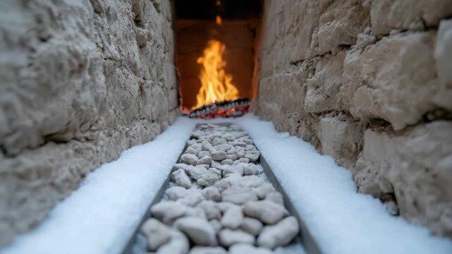 A stunning pathway lined with stones and salt, leading towards a vibrant flame, creating an arresting visual display