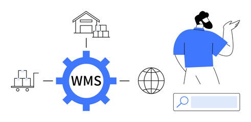 Warehouse, product cart, gear mechanism, globe, search bar, and person represent warehouse systems and logistics. Ideal for software, supply chain, e-commerce inventory global trade efficiency