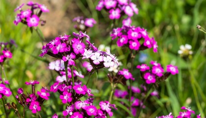Fototapeta premium A vibrant cluster of purple and white flowers in a garden setting, showcasing their delicate petals and stems