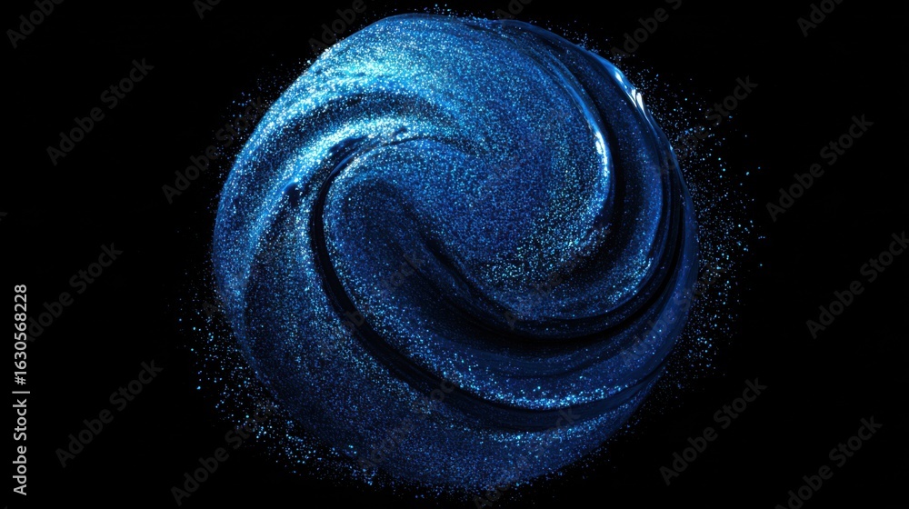 Poster a vibrant blue substance swirls gracefully on a black background, showcasing intricate patterns and 
