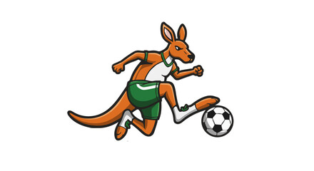 Cartoon kangaroo in sports attire kicking a soccer ball with determination and athletic prowess displayed well