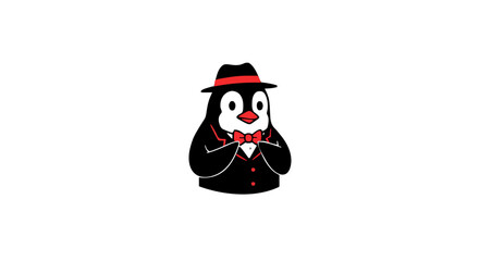 A cartoon penguin wearing a black suit with a red bow tie and a black hat with a red band stands