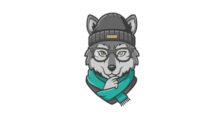 Illustration of a wolf wearing a beanie glasses and scarf with a thoughtful expression on its face