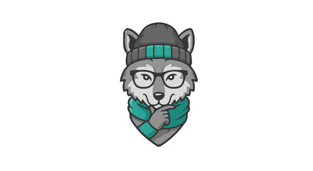 A wolf wearing a hat and scarf with glasses and a thoughtful expression on a white background