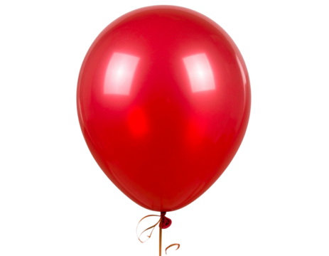 Single Glossy Red Balloon with Ribbon Tail, Front View, Transparent Background