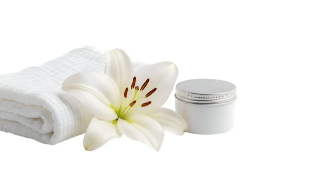 White Lily Flower Adorns Cream Jar and Towel Elegantly on Transparent Background for Spa Beauty