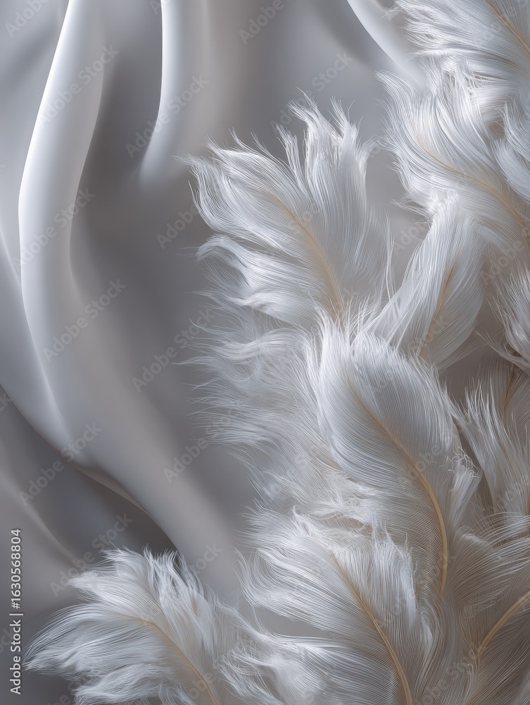 Poster a background with soft chiffon waves and delicate white silk feathers perfect for showcasing a beaut