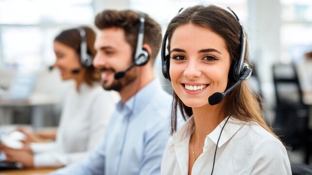 Three call center staff members, wearing headsets, are assisting customers. They appear focused and friendly in a bright, open office space during work hours.