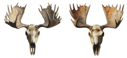 Two moose skulls with large antlers are displayed against a transparent background in a studio shot