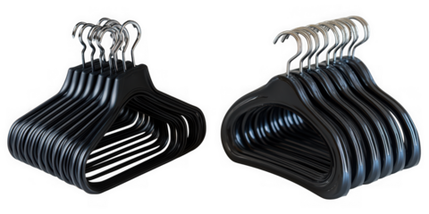 Arrangement of black plastic hangers with metal hooks for clothing storage and organization isolated on transparent background