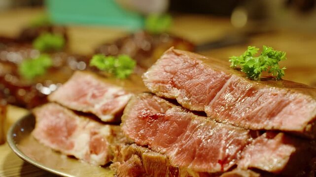 Close up of juicy medium rare steak slices stacked on plate with garnish of fresh parsley on top in warm kitchen lighting, Gourmet Meat Concept