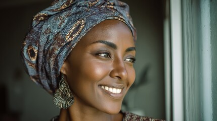portrait of a beautiful african woman smiling while looking at camera mid adult woman with traditional african headscarf stay at home and smiling cheerful mature lady standing near the window no logo