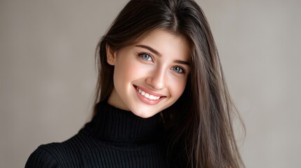 Obraz premium Attractive woman with long brown hair and blue eyes stands confidently in a warm setting, showcasing her elegant black turtleneck sweater
