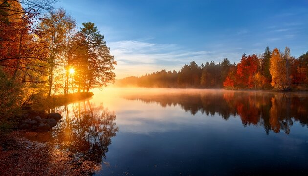 a serene landscape of a sunrise over a calm lake with mist hovering over the water and vibrant autumn foliage on the trees creating a peaceful and natural atmosphere autumn background