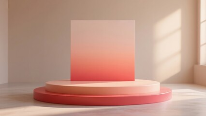 A two-tiered pink circular podium with a pink-to-orange gradient square on top. Sunlight from a window creates a warm and soft atmosphere.
