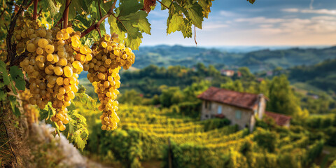 Ripe White Grapes Hanging Over a Sunny Vineyard Landscape with Rustic House