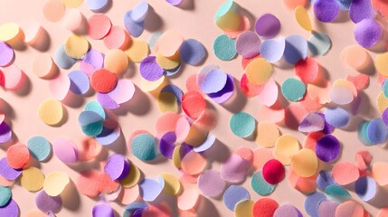 Colorful confetti background with soft shadows on light pastel backdrop