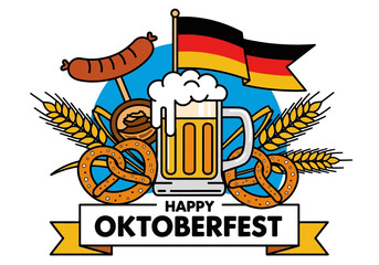 A vibrant banner celebrating the Oktoberfest Beer Festival, with classic symbols like beer steins, pretzels, and the German flag