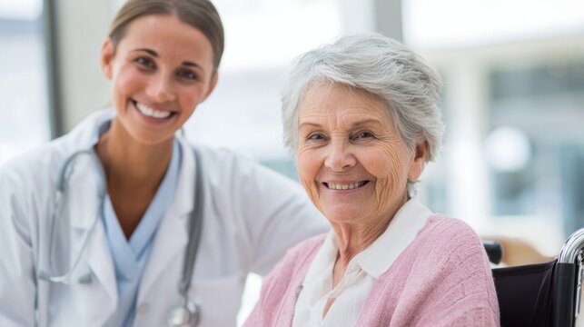 A nurse warmly interacts with an elderly woman in a wheelchair at a rehabilitation center. Both share a genuine smile, creating a positive atmosphere.