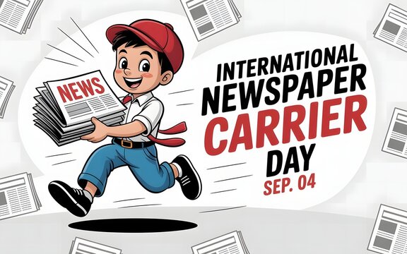 Image Title (20 words):
"International Newspaper Carrier Day Illustration &ndash; Cartoon Delivery Boy Running with Newspapers Celebrating Journalism and News Distribution on September 4"