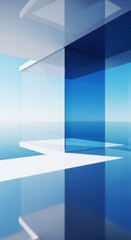 Abstract architectural design featuring geometric shapes and a calming blue ocean background showcasing modern luxury and minimalist aesthetics