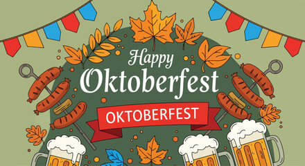 Adobe Illustrator Artwork Oktoberfest wallpaper illustration with beer mugs, sausages, autumn leaves, and Bavarian flag bunting, celebrating the beer festival