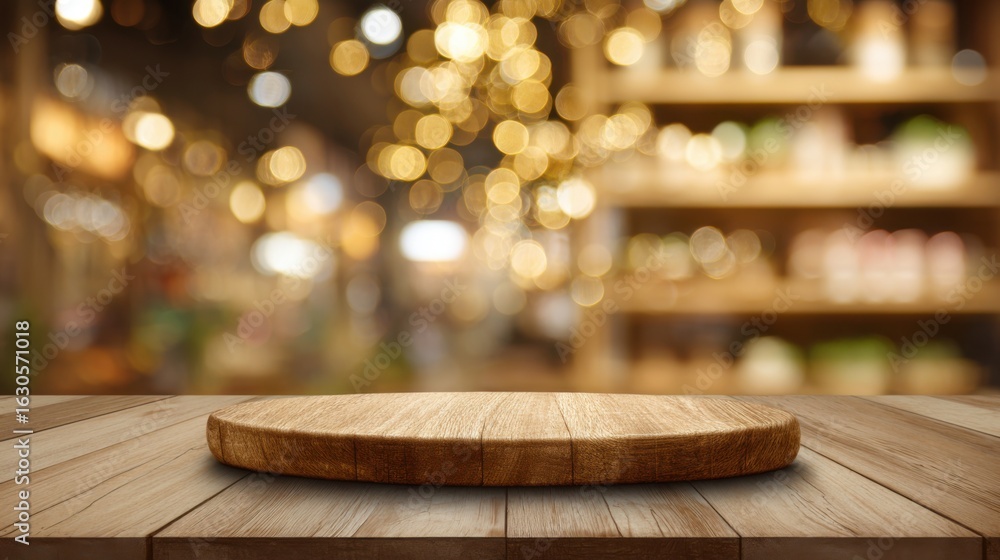 Poster a round wooden tabletop is centered in a blurred setting filled with warm bokeh lights and shelves s