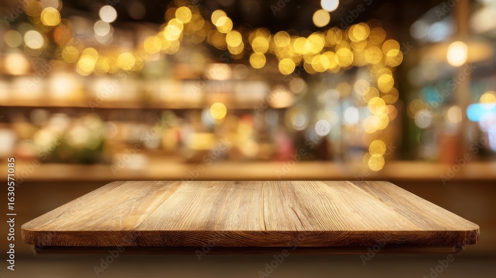 Poster a rustic wooden table showcases its grain in a warm cafe setting filled with soft golden string ligh