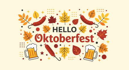 Adobe Illustrator Artwork A cheerful wallpaper, flat illustration for the Oktoberfest Beer Festival, featuring traditional beer mugs, sausages, and autumn foliage