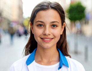 A teenager stands confidently in a bustling city street, smiling brightly at the camera. The background features blurred pedestrians and urban elements, suggesting a lively atmosphere.