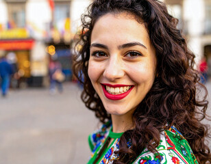 A cheerful teenager with curly hair showcases a radiant smile in a bustling street scene. Colorful banners and people can be seen in the background, adding to the lively atmosphere.