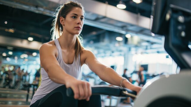 A focused female athlete engages in a rowing workout on a machine in a well-lit gym. The atmosphere is energetic, with fellow gym-goers also exercising nearby. - Powered by Adobe