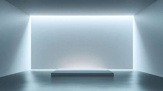 A minimalist exhibition space is enhanced by gentle lighting from above, showcasing a sleek stage that invites artistic performances and installations in an urban setting.