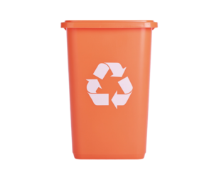 Bright Orange Recycling Bin with Recycling Symbol, Front View, Transparent Background