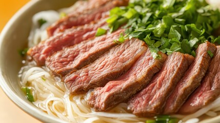 Fototapeta premium Delicious Bowl of Noodle Soup with Sliced Beef and Fresh Herbs
