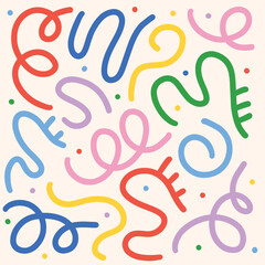 Fun colorful line doodle seamless pattern. Creative minimalist style art background for children or trendy design with basic shapes. Simple party confetti texture, childish scribble shape backdrop.