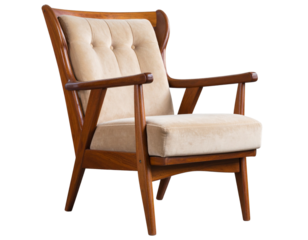 Classic Retro Vantage Armchair with Wooden Legs, Side View, Isolated on Transparent Background