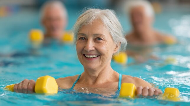 An elderly woman smiles while using yellow dumbbells in a swimming pool. Other seniors participate in a group water aerobics class, promoting fitness and social interaction.