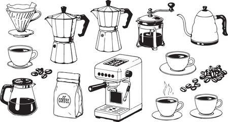 Hand-drawn Coffee Brewing Methods: Espresso Machine, Moka Pots, French Press, Pour Over, Coffee Beans