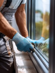 construction worker in protective gloves installing sliding window in new house